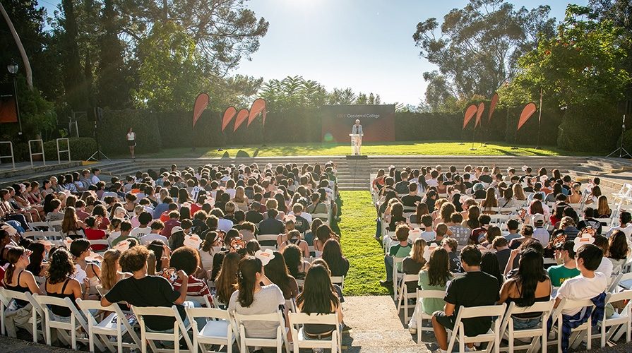 New students attend the opening of orientation in the Remsen Bird Amphitheatre at Occidental College.