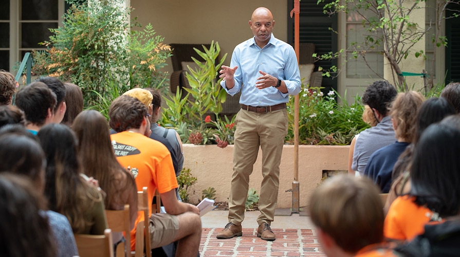 Dean of Students Rob Flot welcomes students to Occidental College