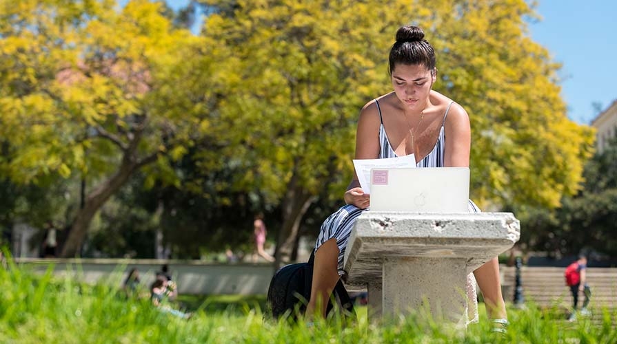 A student studies on the academic quad