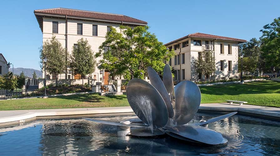 A view of the fountain in front of Swan Hall on campus