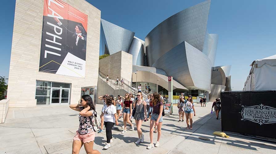 Oxy students in front of Disney Hall in downtown LA