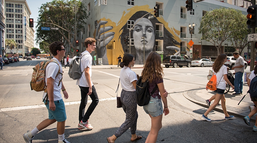 Oxy students walking through downtown LA
