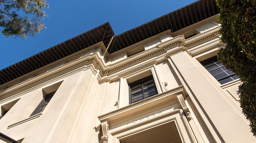 A view of Fowler Hall looking up at the building