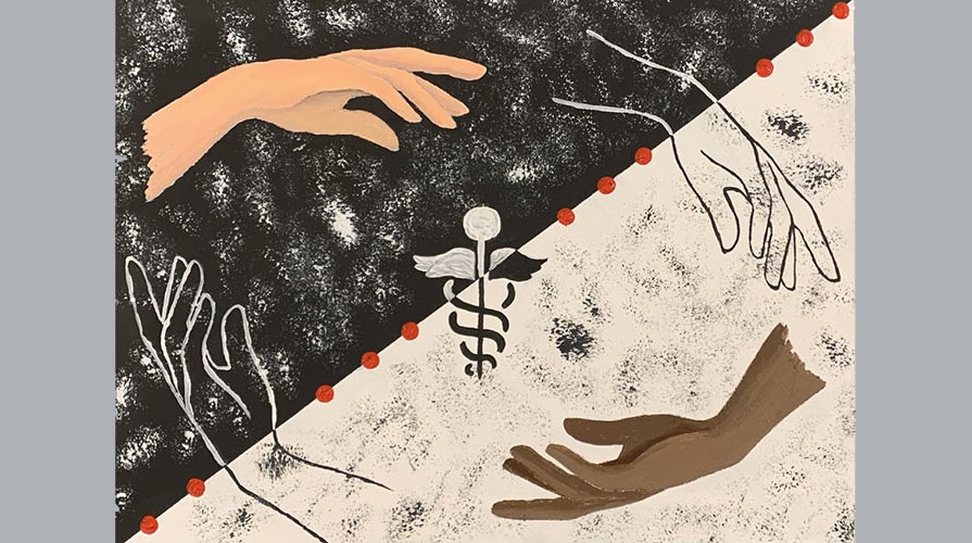 artwork showing two hands and the medical symbol for health