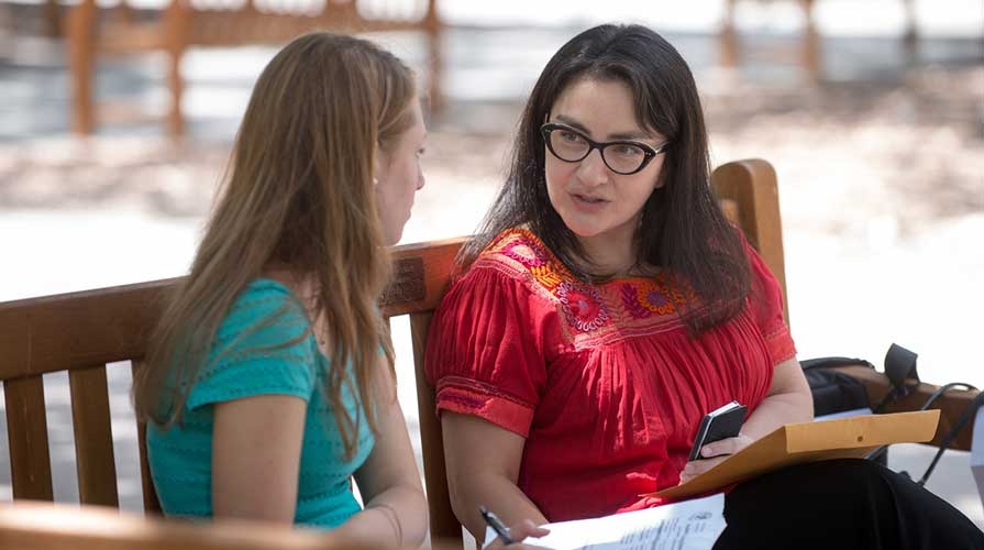 A student talks with a faculty adviser