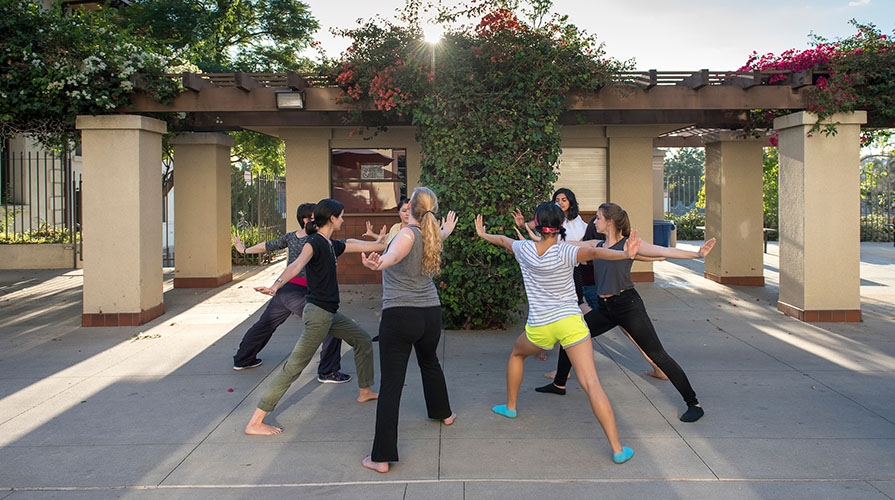 Students doing yoga on campus