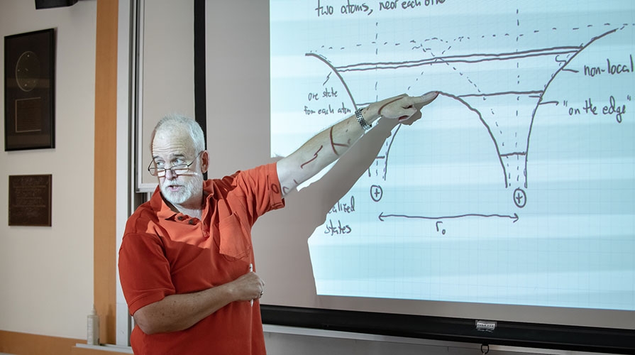 Professor George Schmeideshoff stands in front of a projections of a physics diagram while teaching class