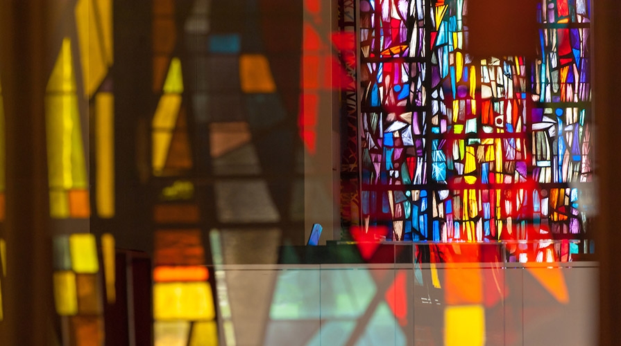 Stained glass windows at Oxy's Herrick Interfaith Chapel