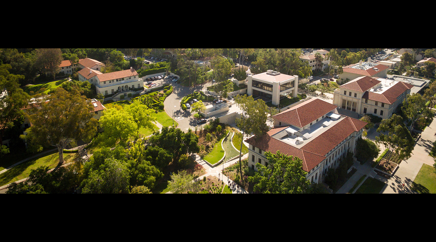 A bird's eye view of the Occidental College campus from a drone camera