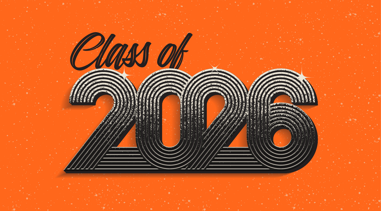"Class of 2026" in silver letters with orange background
