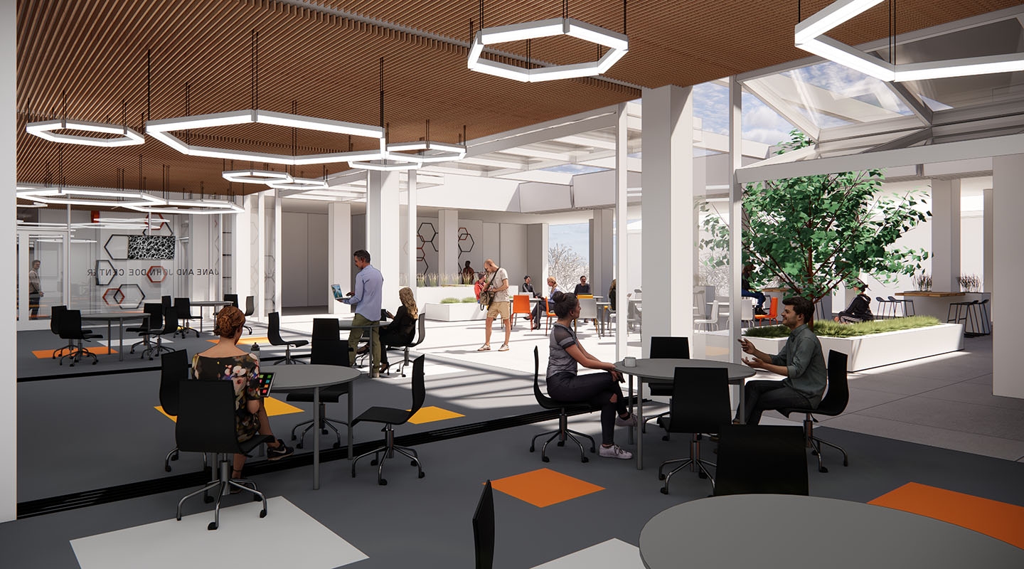 a rendering of the interior of the new Norris chemistry building with tables and chairs and plants