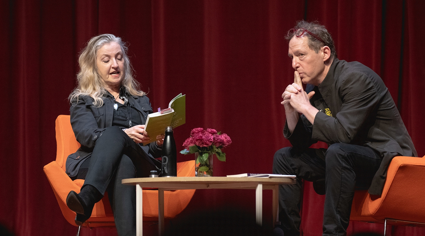 Rebecca Solnit and Paul Holdengraber onstage at an Oxy Live! event at Occidental College