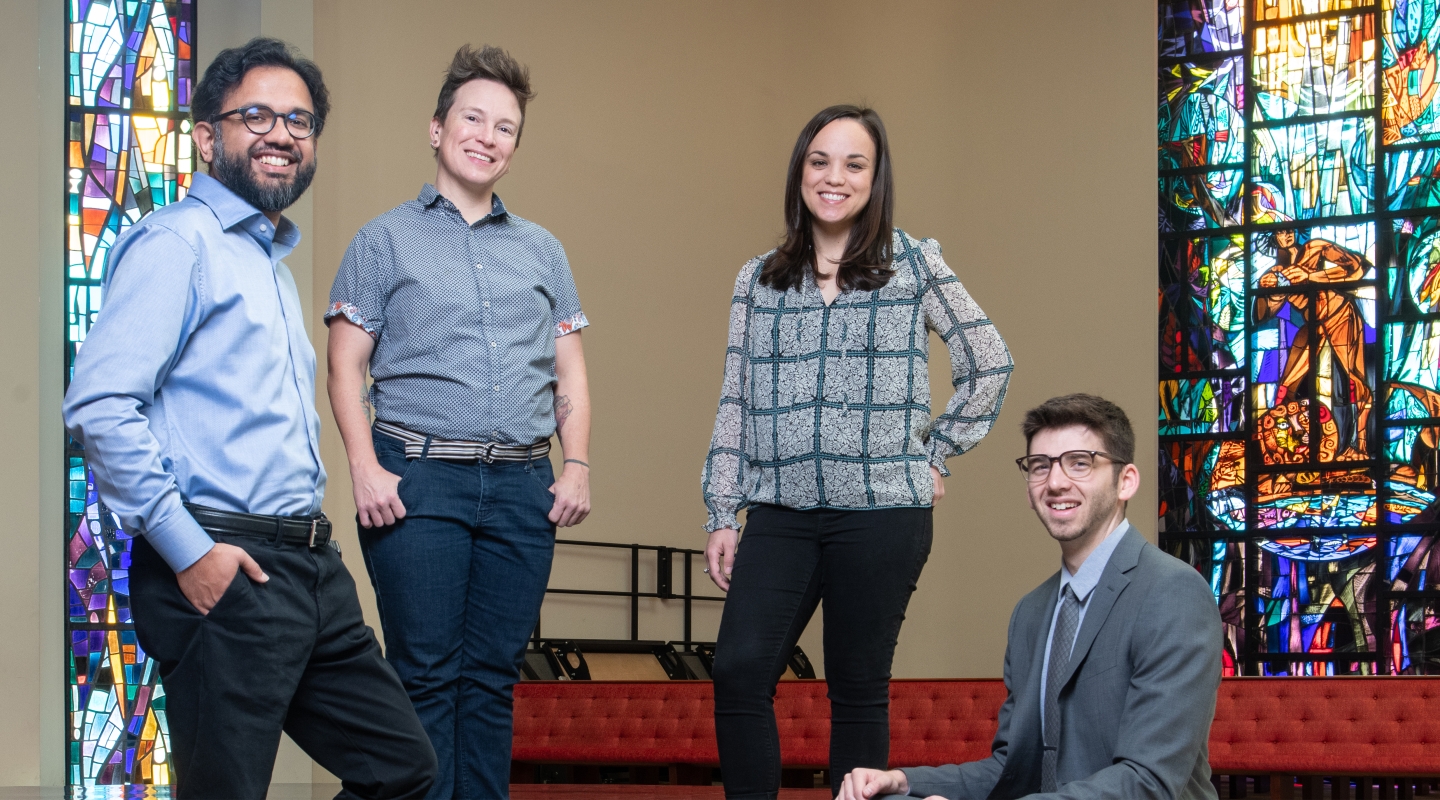 Assistant professors Sohaib Khan (religious studies), Season Blake (philosophy), Jamie Amemiya (psychology), and Zachary Silver (psychology). 