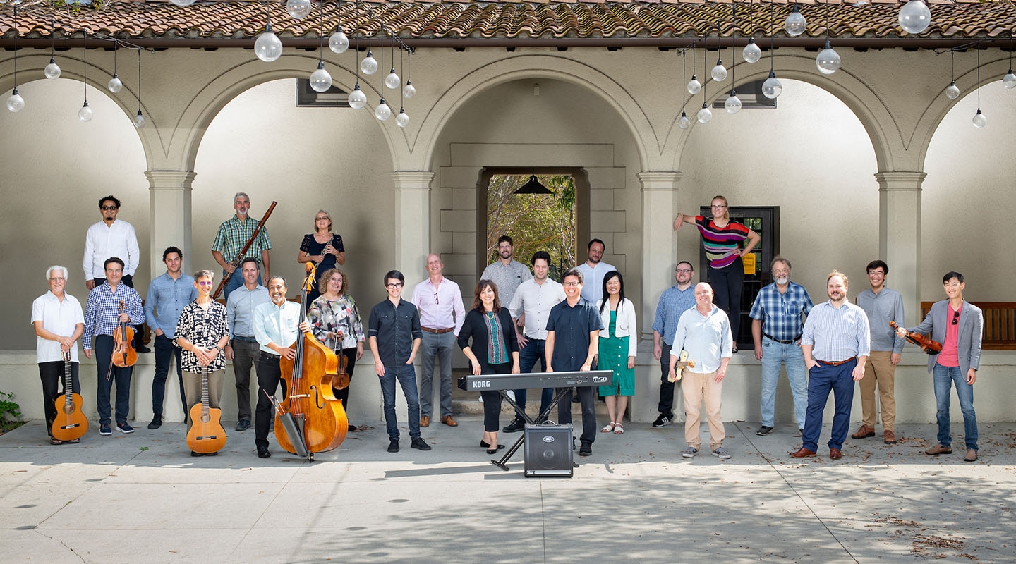 A wide-view image of the Music Dept faculty members posing as a group