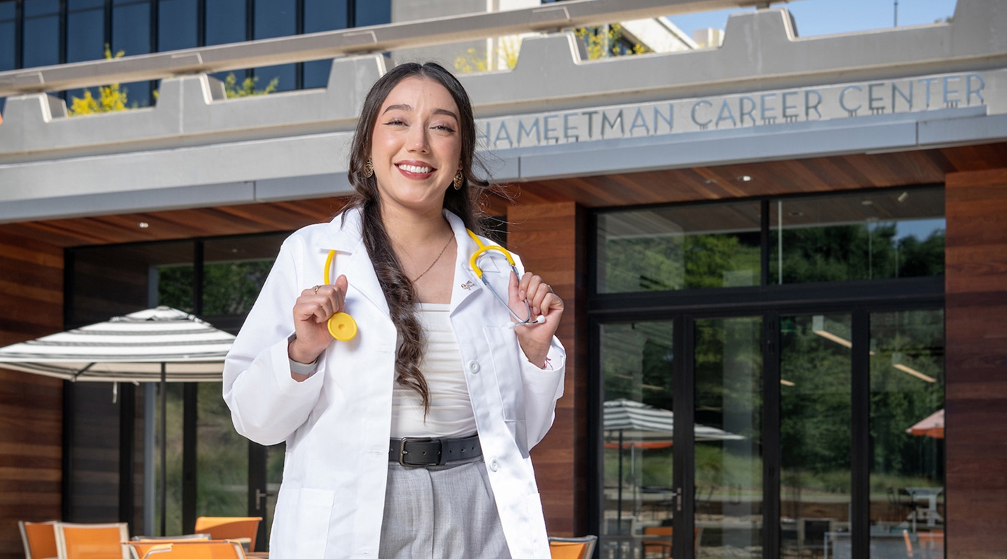 Mariah Rutiaga Amaya ’22 outside the Hameetman Career Center.