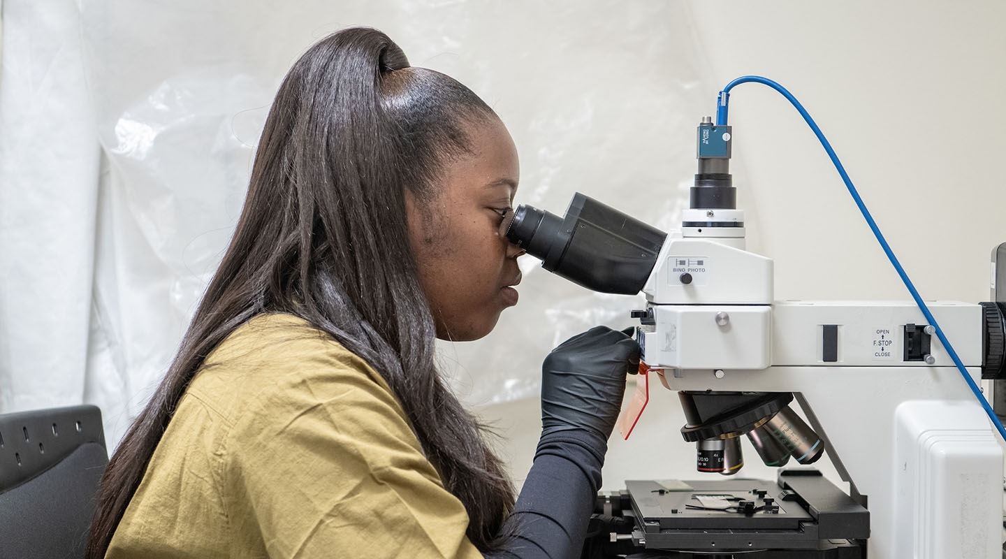 Daisy Ademoye looking into a powerful microscope in the Mind and Brain lab