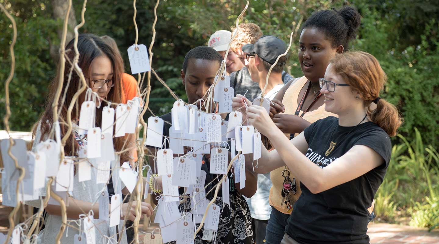 Oxy students decorating the wishing tree at Orientation