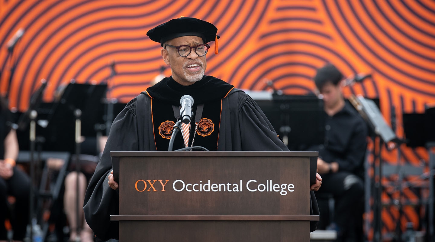 President Harry J. Elam, Jr. at the podium at inauguration