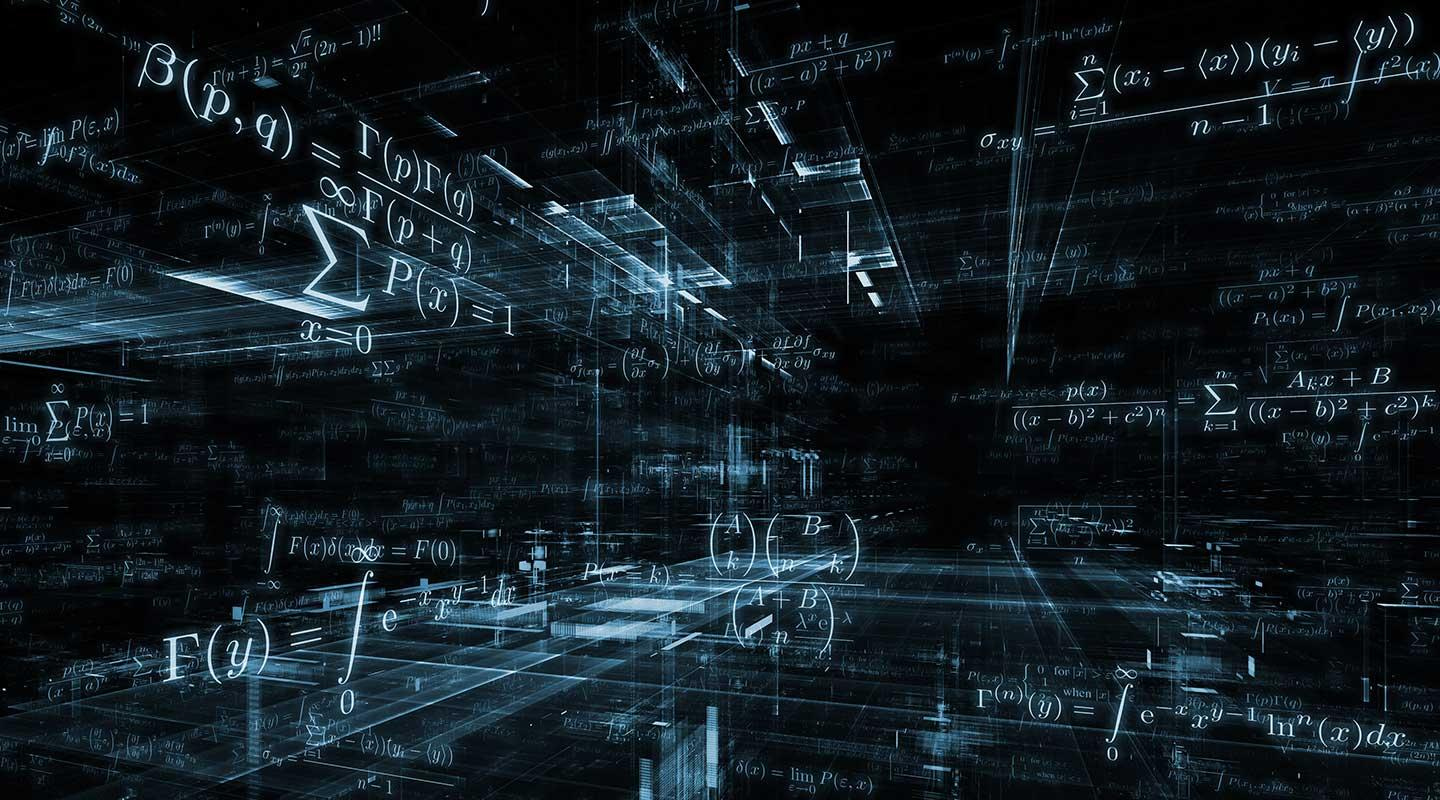 a digital rendering of mathematical and statistical formulas in a 3D, abstract space, often used to represent complex data or scientific concepts