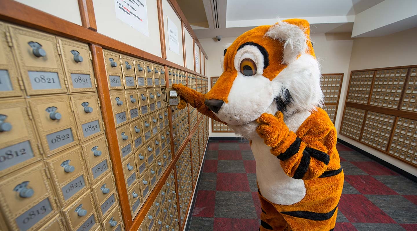 Oswald the Tiger checks his mail in Oxy's mailroom