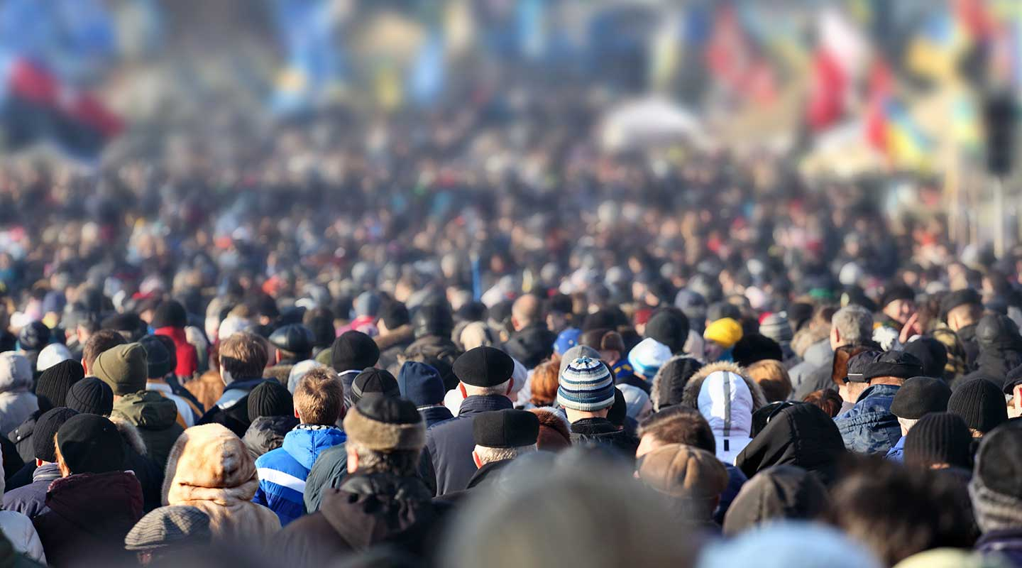 rear view of a large crowd of people viewing international flags