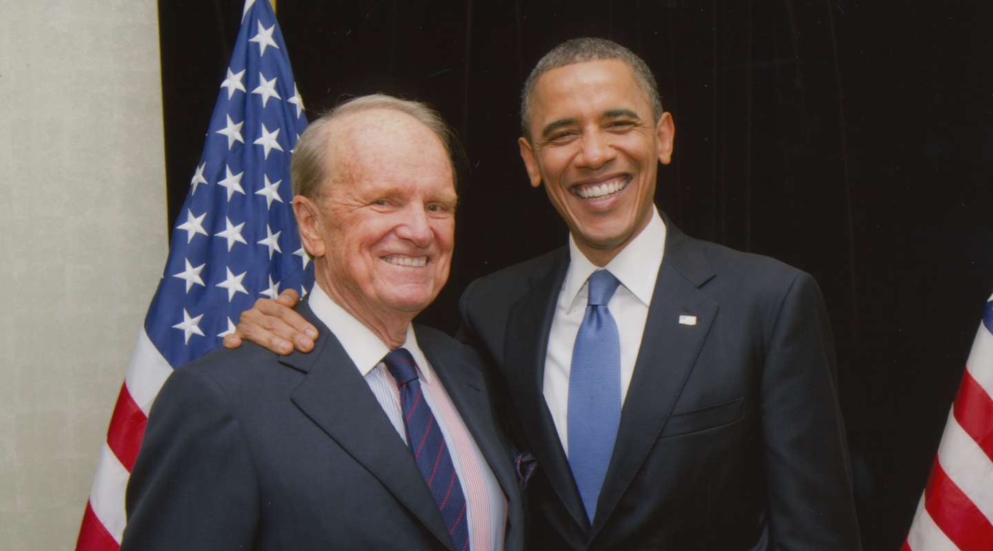 George Stevens Jr. '53 with President Obama in 2011.
