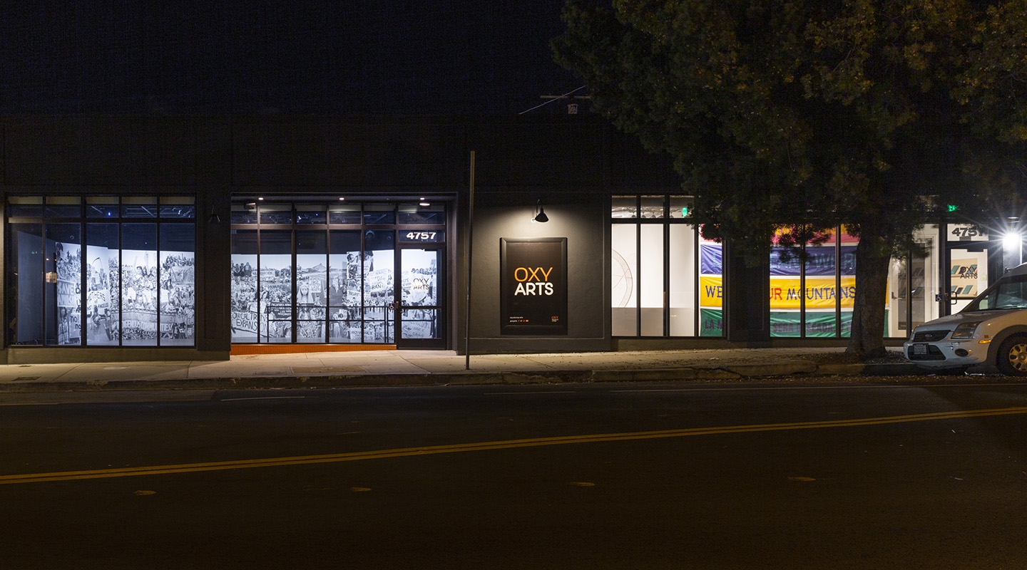 The Oxy Arts building from York Blvd at nighttime