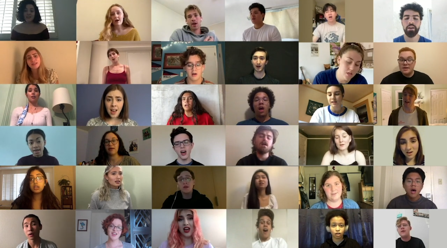 A screen shot showing 36 Glee Club Members singing individually from their homes