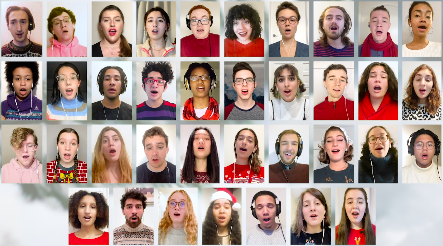 A screen shot of 37 Glee Club members singing