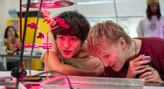 Two Occidental students in a biology lab looking at a plant growing under a hot pink light