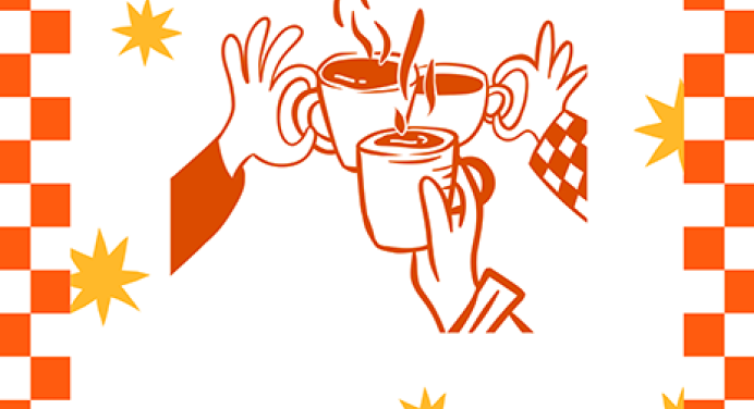three cartoon hands clinking coffee glasses together