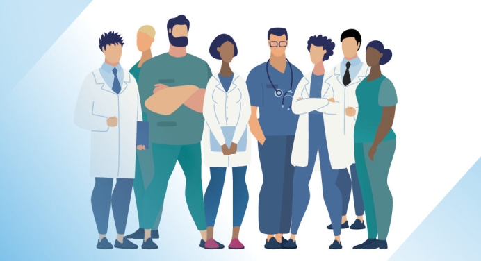a cartoon illustration of a group of allied health professionals