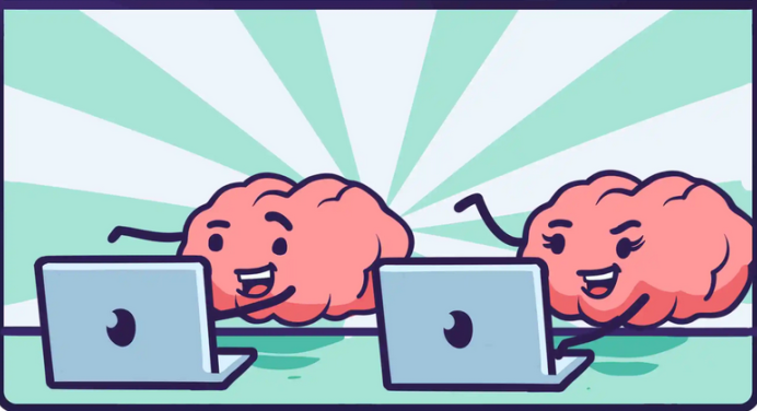 an illustration of two cartoon brains looking at laptops side by side