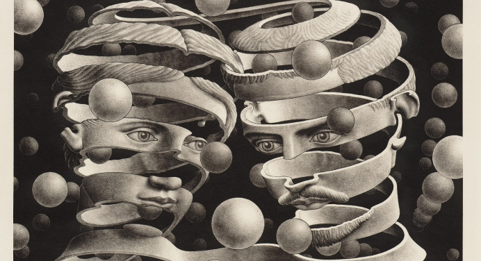This is M.C. Escher's "Bond of Union" (1956) — a lithograph showing two profile heads, male and right, female left, formed from continuous spiraling ribbons