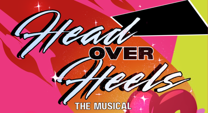 Head Over Heels text over a neon background and a hand holding a heart