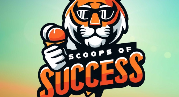 llustration of a tiger wearing sunglasses and holding an ice cream cone, with bold text reading 'Scoops of Success' in orange and black against a soft gradient background.