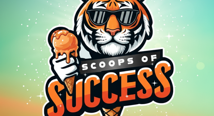 Stylized tiger mascot wearing sunglasses holding an ice cream cone above the words “Scoops of Success.”