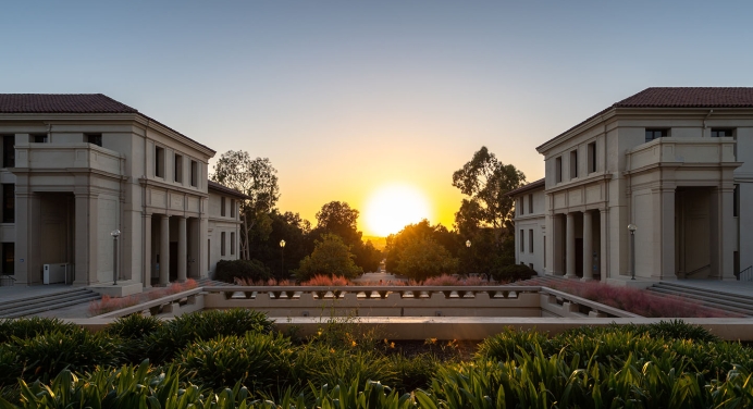 sunset between Johnson Hall and AGC on the Occidental college campus