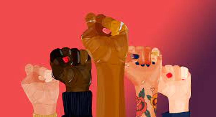A line of five fists of different skin tones, raised against a red background.