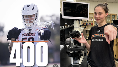 a young woman in lacrosse gear next to the same woman in the biology lab