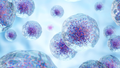 3D illustration of biological cells, likely stem cells, floating in a light blue background