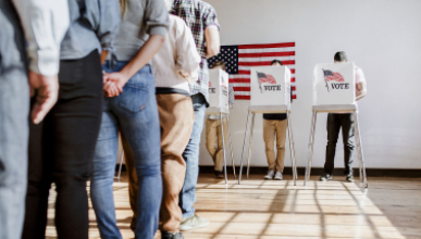 Citizens participating in a United States election by casting their votes at a polling place