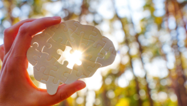 a hand holding up a puzzle of the brain against the sunlight with a missing piece