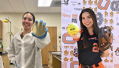 a young woman in the biology lab next to the same woman in softball gear
