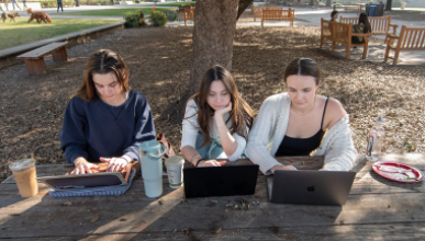 Occidental students study on a picnic table in the quad