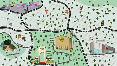 A hand-drawn map of Burbank. Highlights: Great wall of LA, Fryman Canyon, Universal Studios, Glendale Galleria, and more