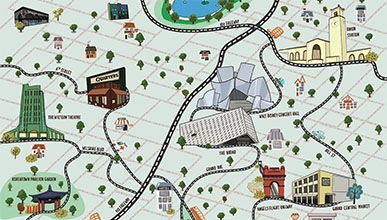 A hand-drawn map of downtown and Korea Town. Highlights: the Wiltern, Walt Disney Concert Hall, Union Station, and more