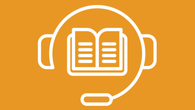 orange rectangle with a line image of a book and headphones