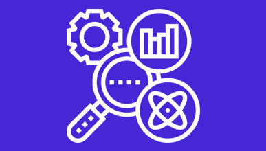 a graphic image showing gears, graphs, magnifying glass and chemistry symbol