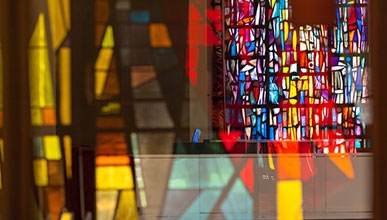 Stained glass windows at Oxy's Herrick Interfaith Chapel